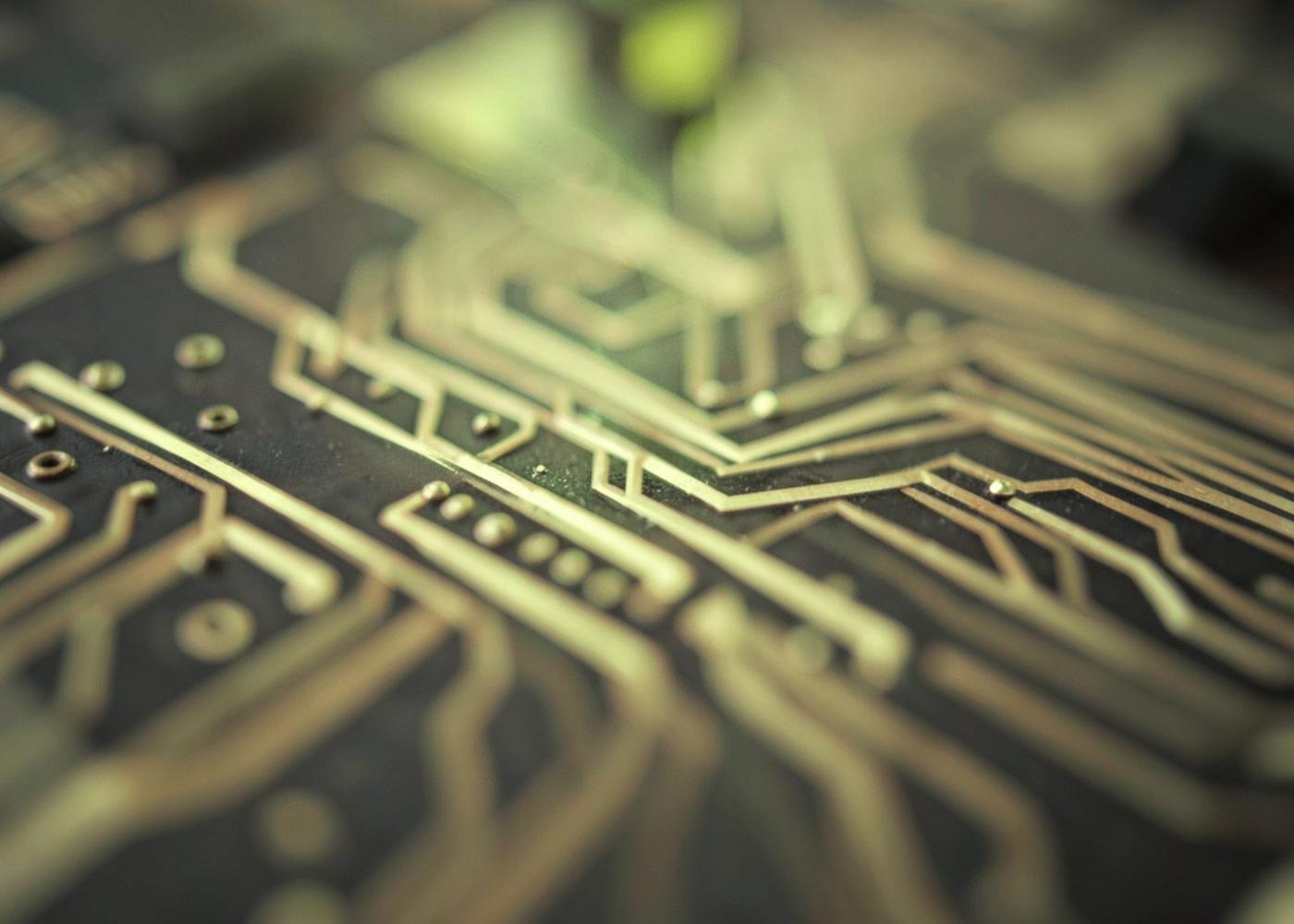 Macro photograph of copper circuit-board traces