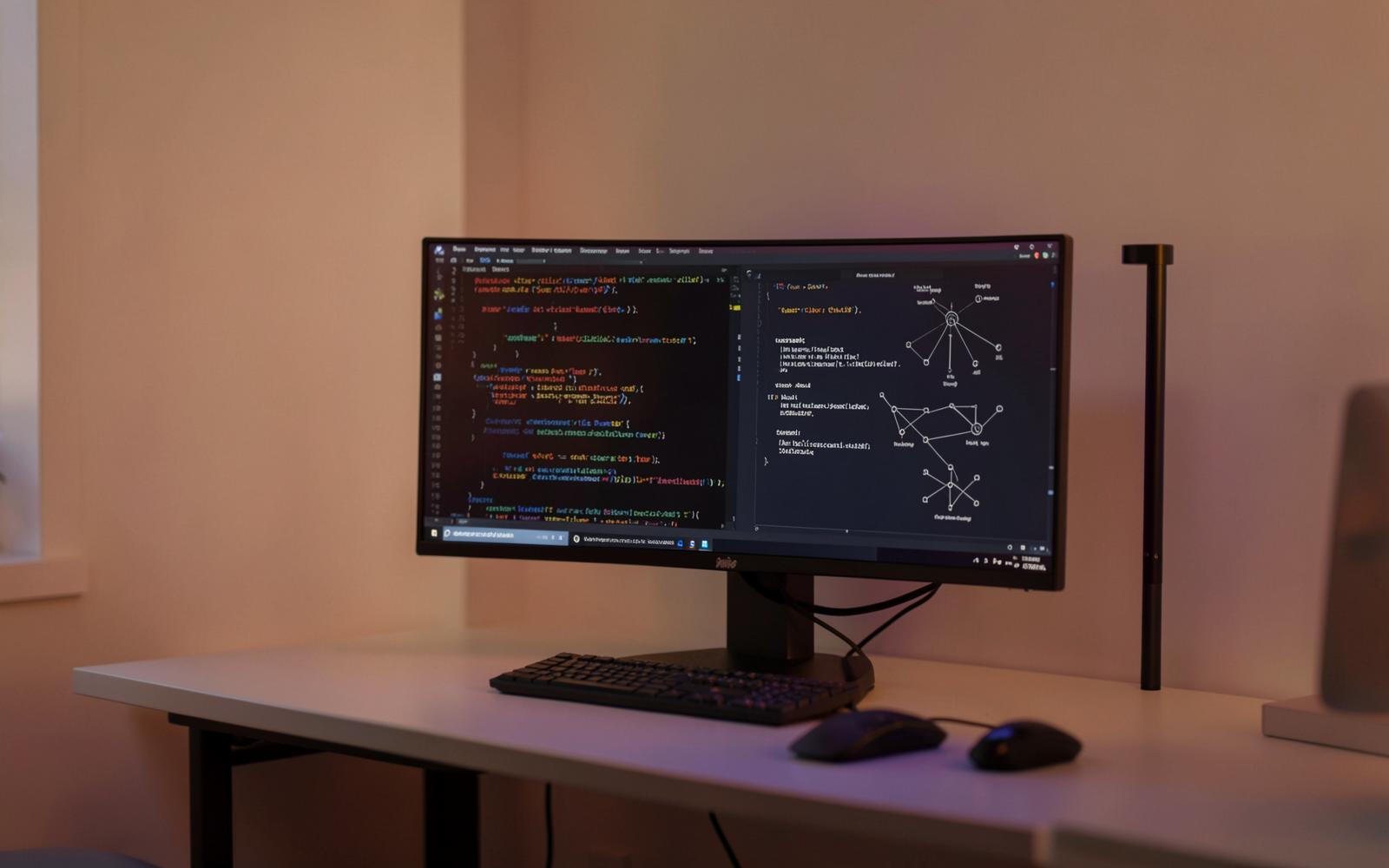 A software engineering workstation with code and system diagrams on a wide monitor