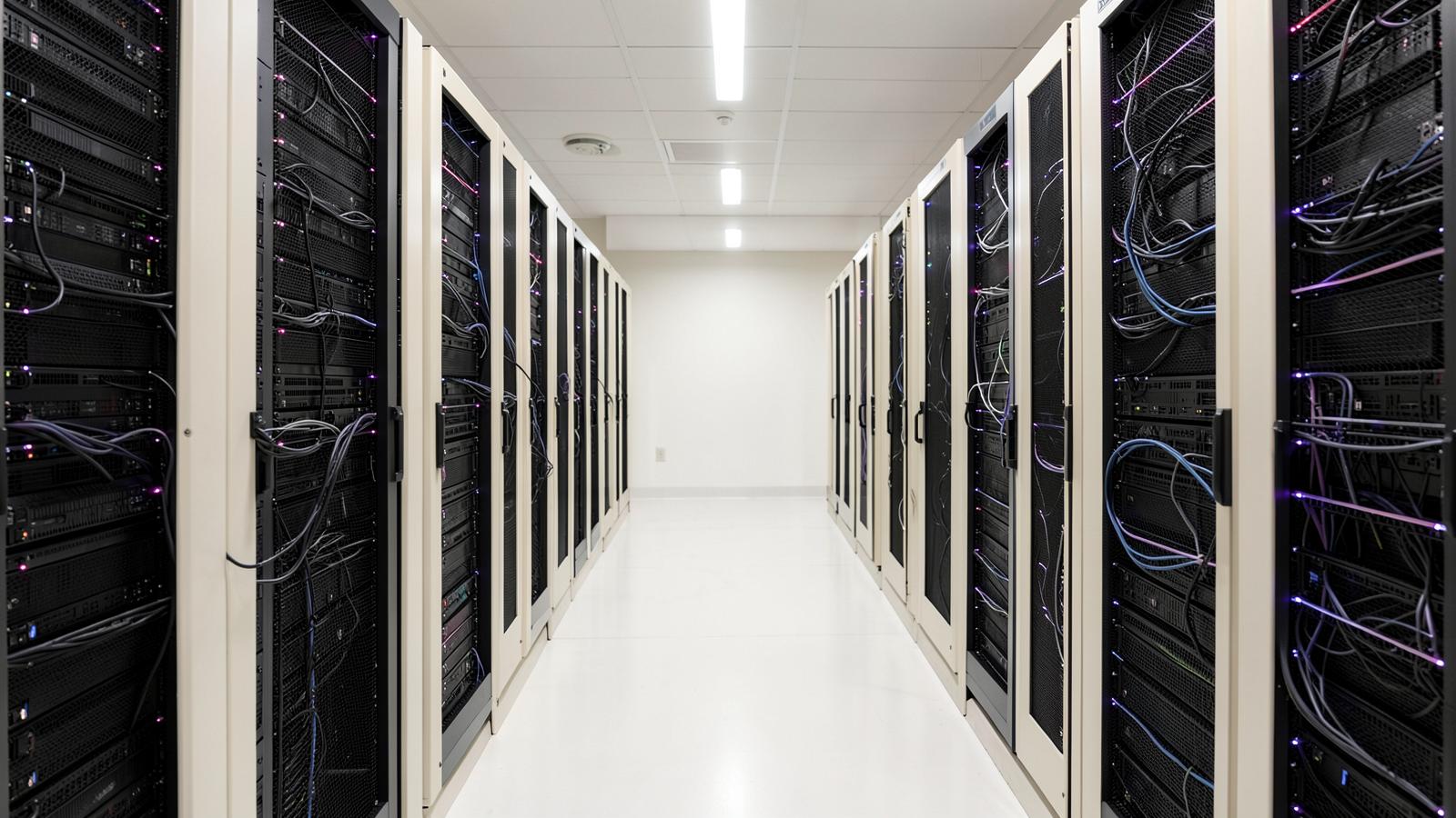 Corridor of tidy data-centre server racks with routed cabling