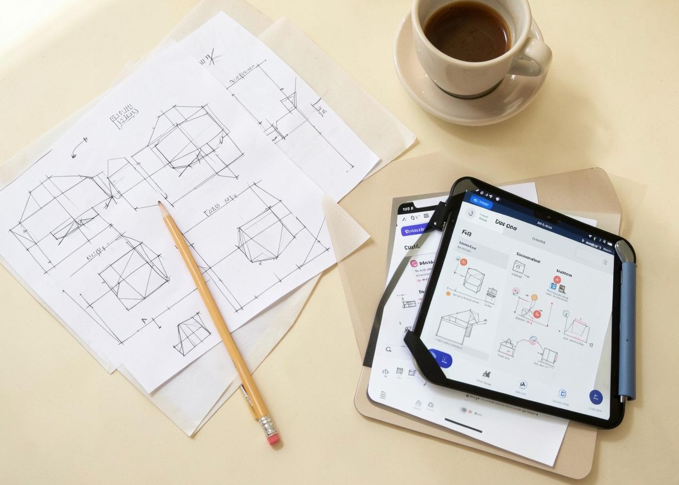 Overhead view of wireframe sketches and a tablet showing interface layouts